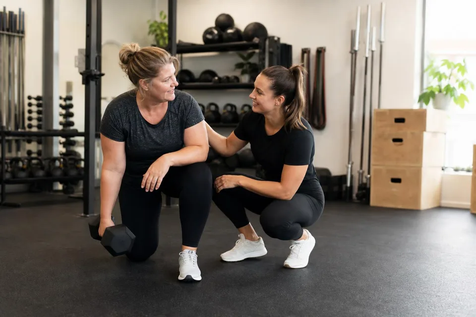 En coach sidder ved siden af et medlem under en øvelse med en håndvægt hos Box One.